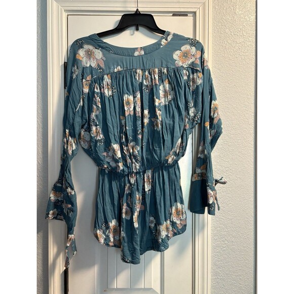 Free People Tuscan Dreams Teal Floral Long Sleeve Tunic Mini Dress Flowy XS - Picture 7 of 7